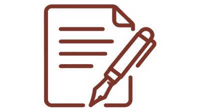 Stilisierte rotbraune Strichzeichnung eines Dokuments mit F&uuml;llfederhalter f&uuml;r Bestattungsvorsorge und beh&ouml;rdliche Formalit&auml;ten bei M&uuml;ther-Bestattungen in G&uuml;tersloh