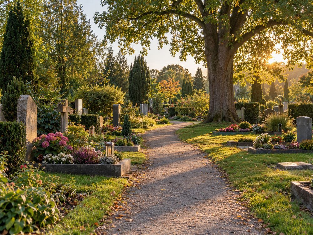 Friedhöfe und Grabarten – Müther-Bestattungen Gütersloh Friedvoller Friedhofsweg im Abendlicht mit gepflegten Gräbern und Bäumen