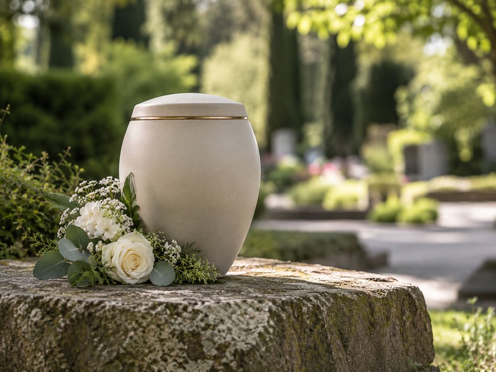 Feuerbestattung & Urnen – Müther-Bestattungen Gütersloh Helle Schmuckurne mit weißem Blumengesteck auf Steinstele im Grünen